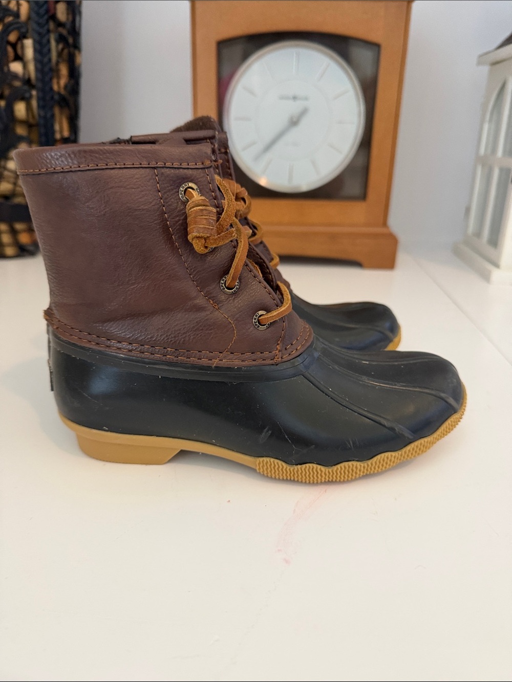 Kids Sperry Brown Leather and Black Duck Boots with Tan Sole